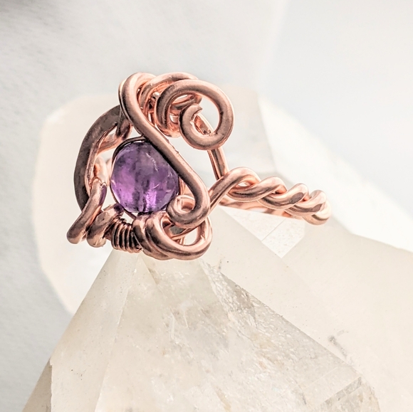Baroque Amethyst Ring Pure Copper Unique Artisan Crafted Design - Picture 4 of 10